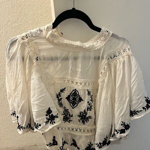Free People White Blouse with Black Embroidery ABBIE EMBROIDERED SET